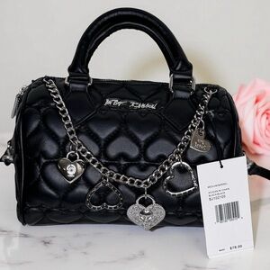 Betsey Johnson Medium Barrel Bag 5 silver heart charms xtra Crossbody Strap NWT
